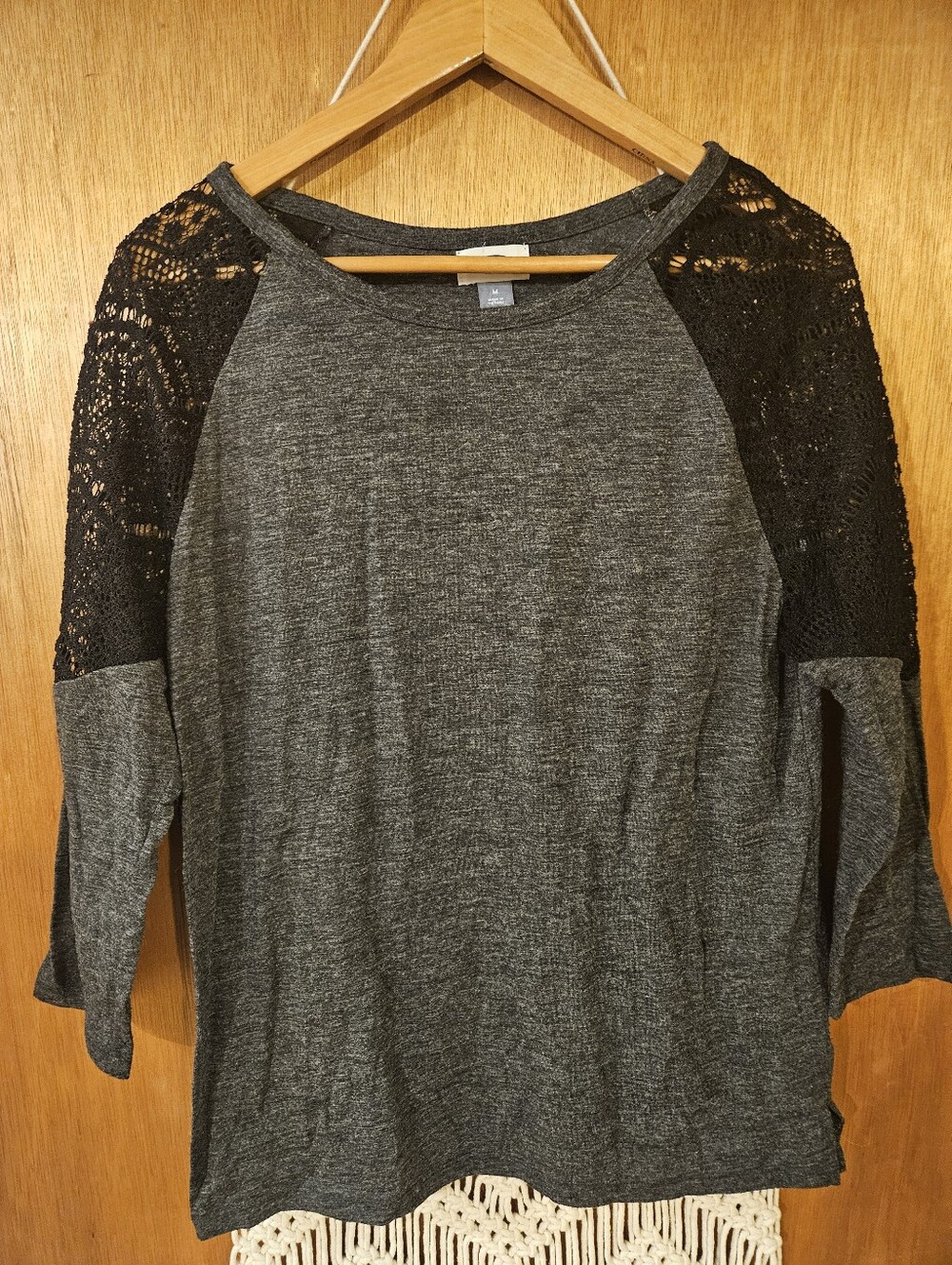 Old Navy Charcoal Gray Knit Top with Black Lace Raglan Sleeves